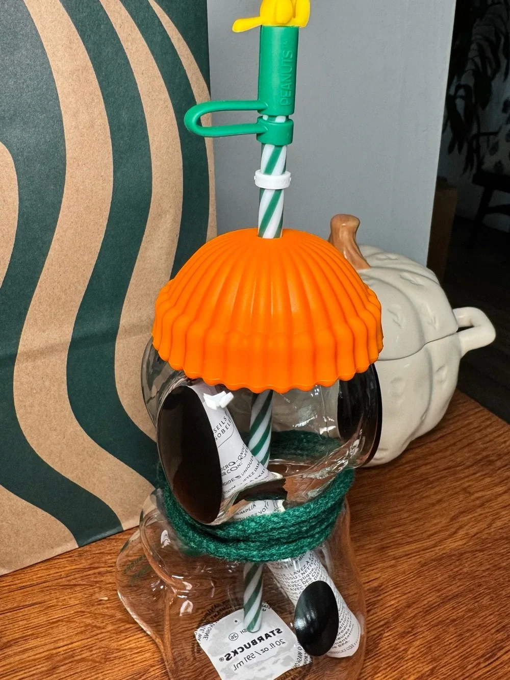 Starbucks Orange Beanie Snowman Glass Cup with Green Scarf and Straw